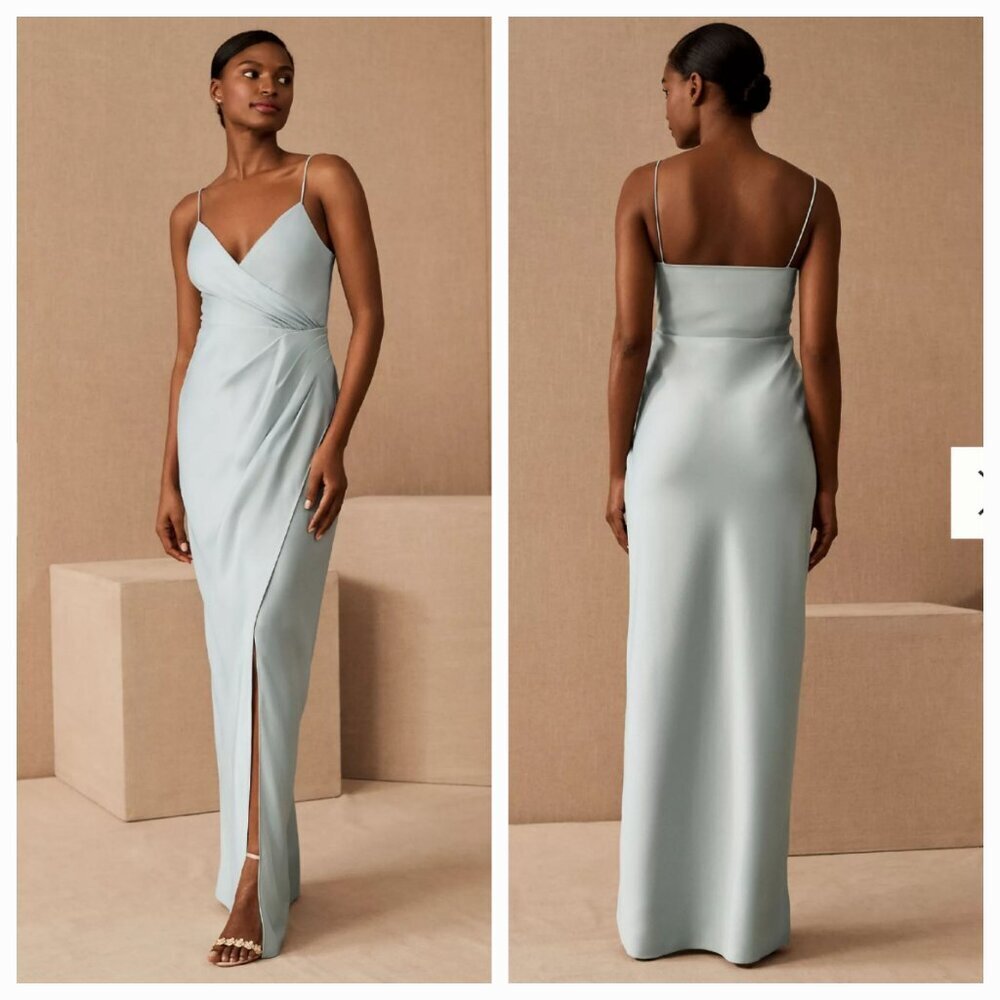 BHLDN Freya Satin Charmeuse Faux Wrap Maxi Dress Pale Blue AS IS